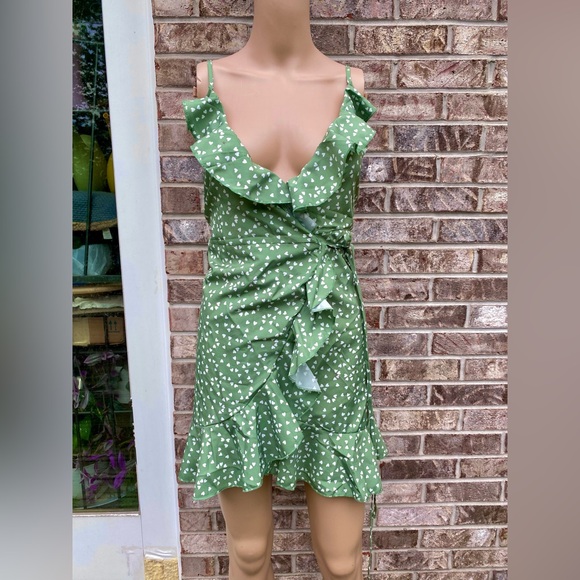 NWOTs Green Apple & White Floral Wrap Around Ruffle Sundress - Picture 3 of 8